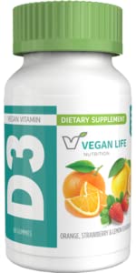 Vegan Life Nutrition - 어린이 및 성인을위한 비타민 D3 Gummies (1000 IU) - 글루텐 - 무료, 비 GMO, 지원 뼈 건강 및 면역 체계 - 60 Gummies