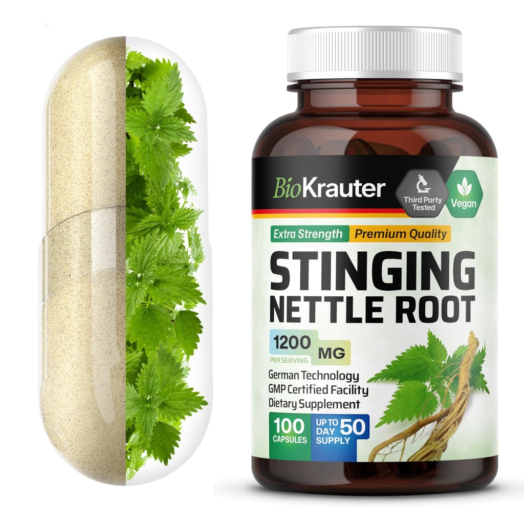 BIO KRAUTER Sting Nettle 캡슐 1200 mg - 100 자연적인 Urinary Tract & 전반적인 지원 모자 - Nettle 뿌리 분말 (Urtica Dioica) - 비 GMO