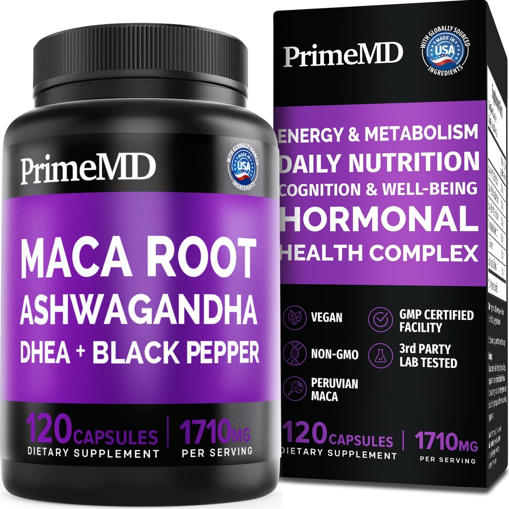 6-in-1 유기 Maca 뿌리 Ashwagandha 캡슐 여성과 남성을 위한 DHEA와 까만 고추 과일 추출물을 가진 1710mg - stamina, 뼈 및 계류 지원 보충교재, 120의 조사를 위한 까만 Maca 보충교재