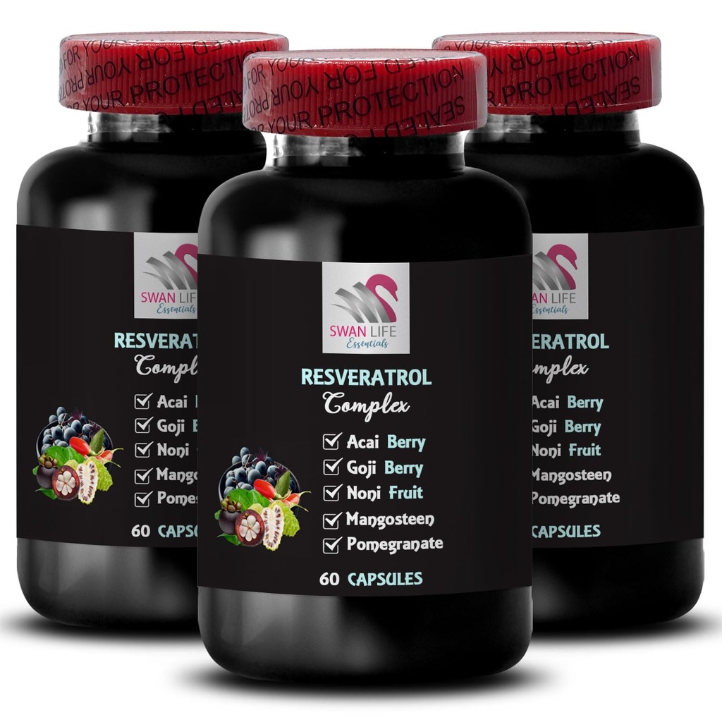 Berry Benefits - RESVERATROL COMLEX - 매일 산화제, Acai Berry Strength, Elderberry Boost, 포도 피부 Boost, 석류 에너지, Goji Berry Power, Hydration Factor 3 병 180 캡슐