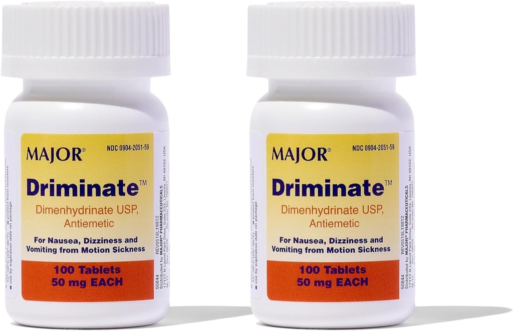 MAJOR Driminate - Dimenhydrinate 50mg 운동 스크리닝 정제 - 항균 약 - 100 정제 (2 팩)