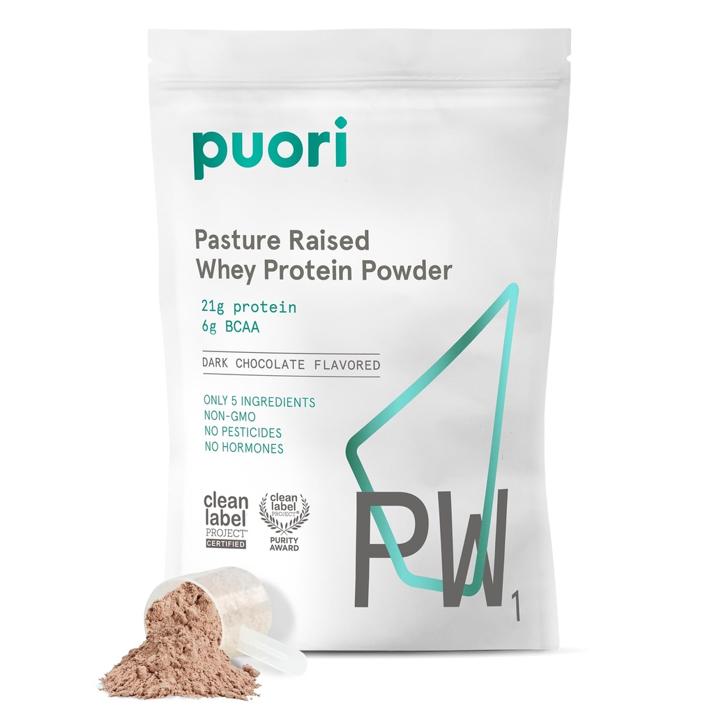 Puori Whey Protein Powder, 다크 초콜릿 - PW1 Pasture-Raised, 잔디 볶은 Whey Protein Powder Drink Mix 포함 BCAA 아미노산 - 근육 이익 및 회복을위한 포스트 운동 보충 - 30 서빙