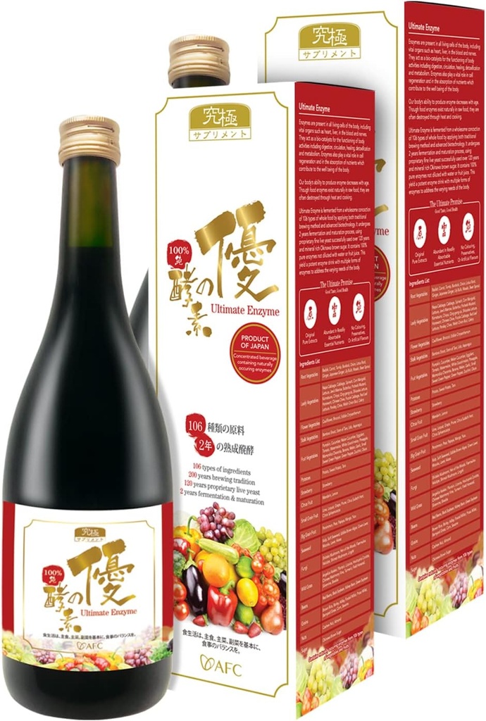 AFC Japan Digestive Ultimate Enzyme Drink – 소화, 가스, 부화, 변비 완화 및 면역 지원을위한 순수한 소화 효소 - 106 발효 과일 및 야채, 효소 보충, 720mlx2