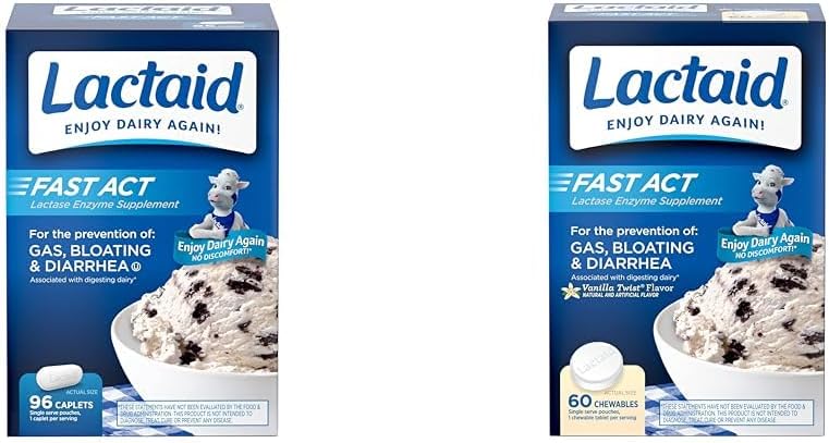 Lactase Enzyme, 96 카운트 및 빠른 행동 Lactose Intolerance Relief Caplets, Lactase Enzymes, Vanilla, 60 카운트 (패치 1)를 가진 Lactaid 빠른 행동 Lactose Intolerance Chewables