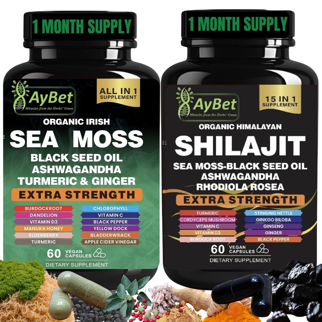 바다 Moss Shilajit 콤보 번들 캡슐, 블랙 씨 오일, Ashwagandha, Rhodiola Rosea, Burdock, Turmeric, Ginger, VitC, VitD3, 모든 하나의 보충, 120 캡슐, Halal, Vegan, USDA 유기