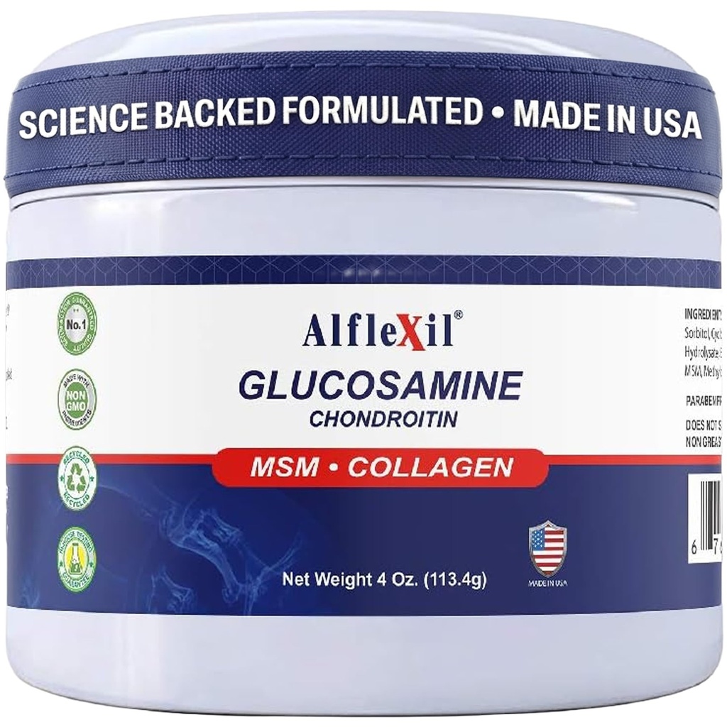 ALFA VITAMINS Alflexil Glucosamine Plus Chondroitin Cream with MSM & Collagen, 건강한 관절, 관절 및 근육 통증 완화 지원, 이동성 개선, 빠른 흡수 및 피부 습기를 공급, 4 Oz.