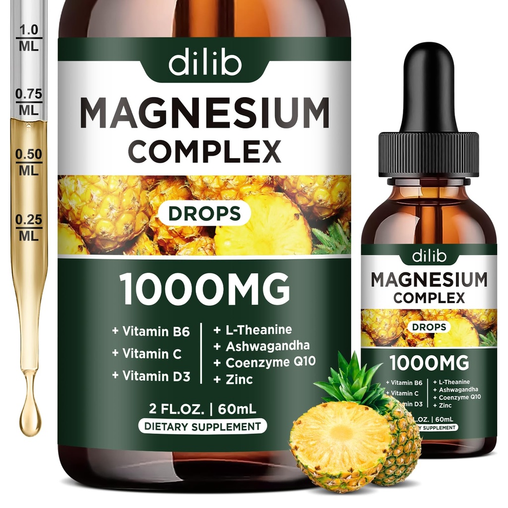 Triple Magnesium Complex 보충교재, 마그네슘 글리세라이드, 혼합, 시트레이트 액체 드롭 1000mg, Ashwagandha, CoQ10, 비타민 B6, C, D, 아연 - Vegan 파인애플 맛