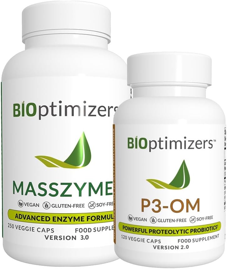BiOptimizers - P3-OM 및 MassZymes 번들 - 여성과 남성을위한 프리미엄 다이제스트 효소 및 프로바이오틱스 - 의사 공식화 (250 MassZymes 캡슐, 120 P3-OM 캡슐)