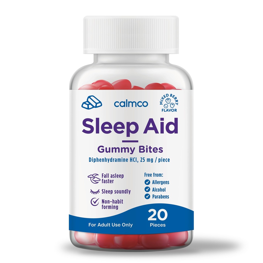CalmCo 성인 수면 보조 거미 비트 - 25mg Diphenhydramine, Easy-to-Chew Nighttime Sleep Aid Gummies, 더 나은 수면을 촉진하고, 잠을 잠들고, 20 카운트를 마친 수면 지원