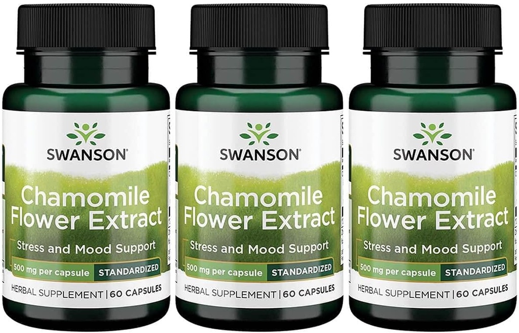 Swanson Chamomile 꽃 추출물 500 밀리그램은 캡슐 60 캡슐 3 팩 당 1.2% Apigenin 6 mg에 표준화했습니다