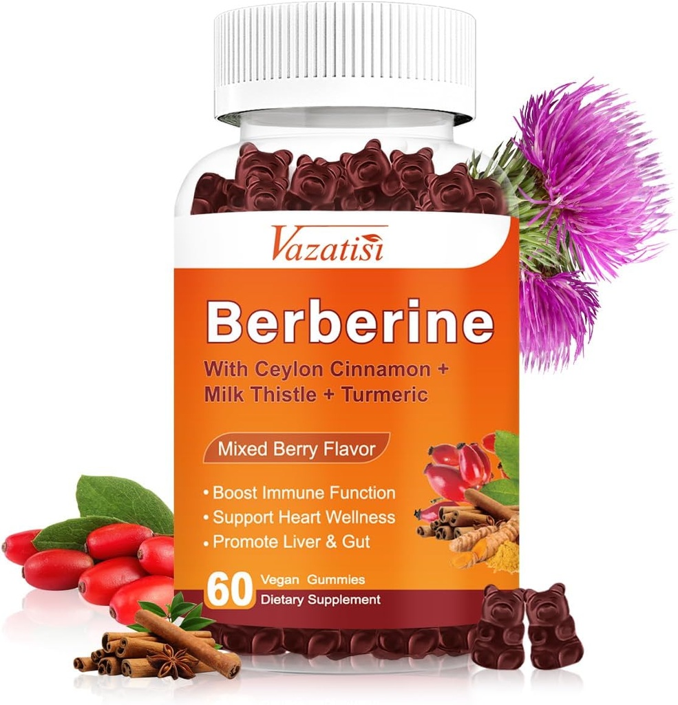 1500mg Berberine Gummies, Ceylon Cinnamon Gummies, Turmeric, Magnesium, Sugar Free, Non-GMO, Gluten-Free - 혼합 Berry 맛 60 구미