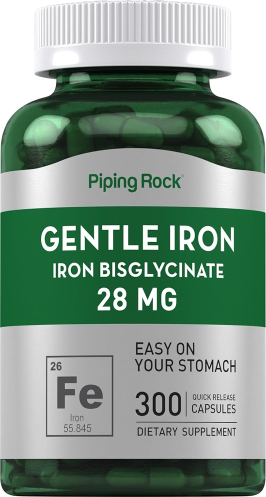 배관 바위 철 Bisglycinate 28 mg | 300 캡슐 | Gentle Iron Supplement | Non-GMO & 글루텐 무료