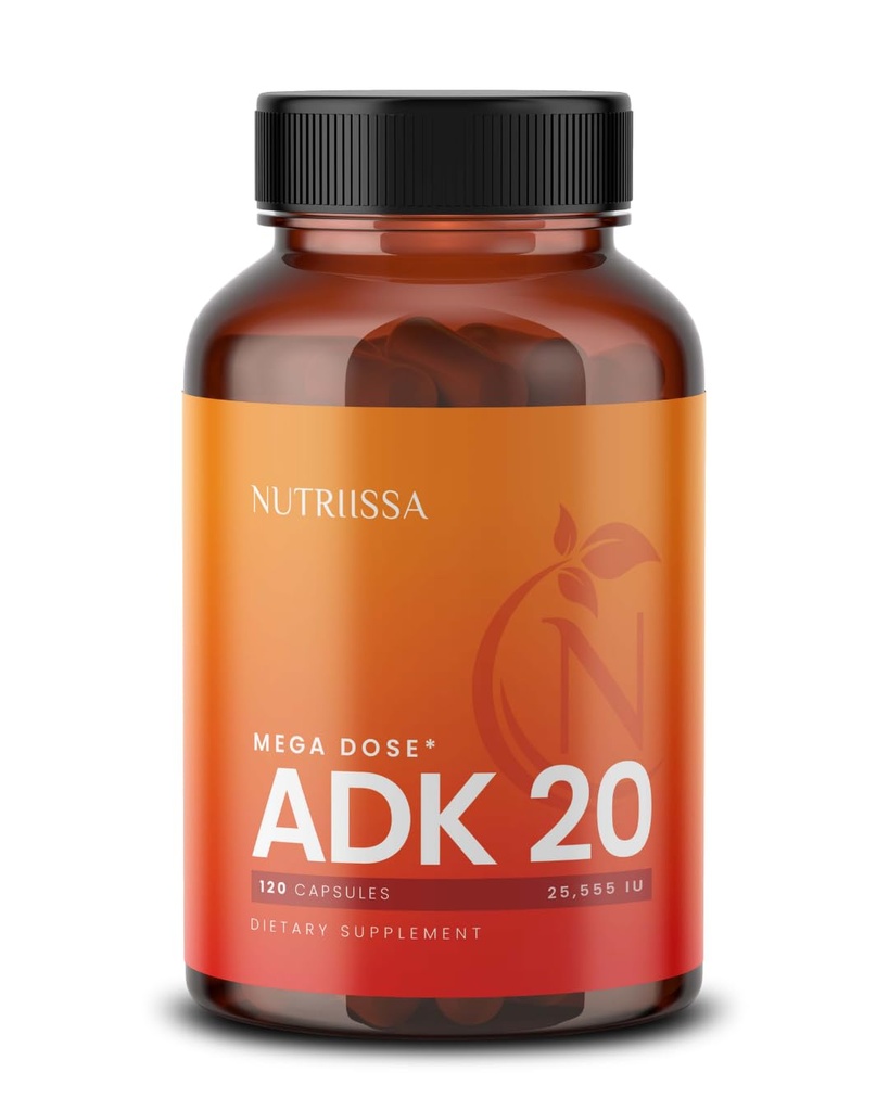 Nutriissa ADK 20 - 비타민 A, D 및 K (25,000 IU)와 면역 & 뼈 건강 지원 - 4 월 공급 - EPEB 순도 및 효능 인증 - 120 Vegan 캡슐