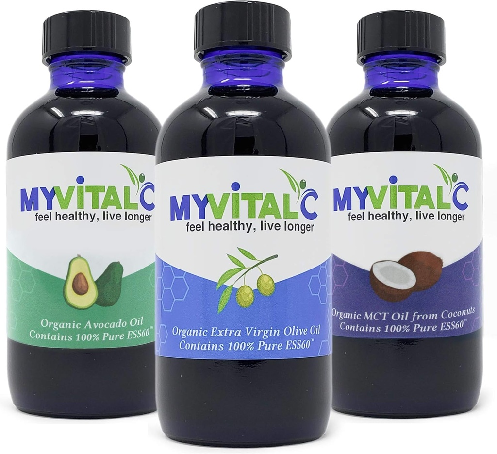 유기 엑스트라 버진 올리브 오일, MCT 및 Avocado 오일의 MyVitalC 콤보 - ESS60 산화 보충 - 노화 방지, 장수, 수면, 에너지 - 팩 3