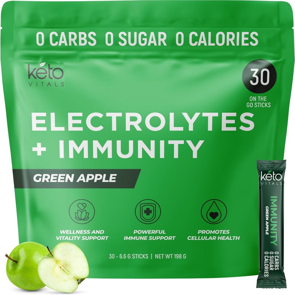 Keto Vitals Immunity Sugar Free Electrolytes Powder with Vitamin C, Ginger, Turmeric, & Elderberry - Immune System을 밀어주고 몸을 재수축하십시오 - Green Apple 풍미, 30 카운트