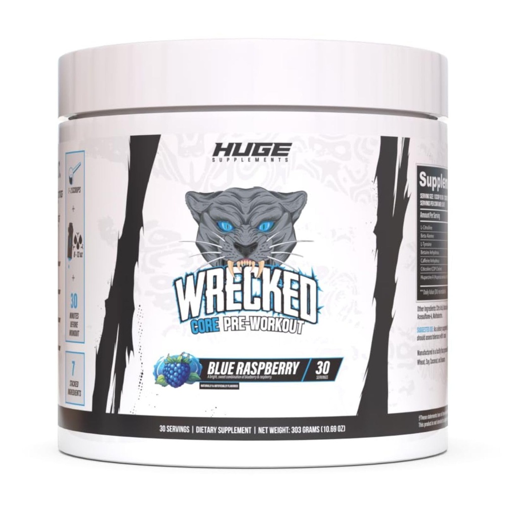 Wrecked Core - 남성 및 여성을위한 All-in-One Pre-Workout 보충, 에너지 증가, 초점 및 L-Citrulline, Beta-Alanine, L-Tyrosine 및 더 많은 (30 서빙) - 블루 라즈베리