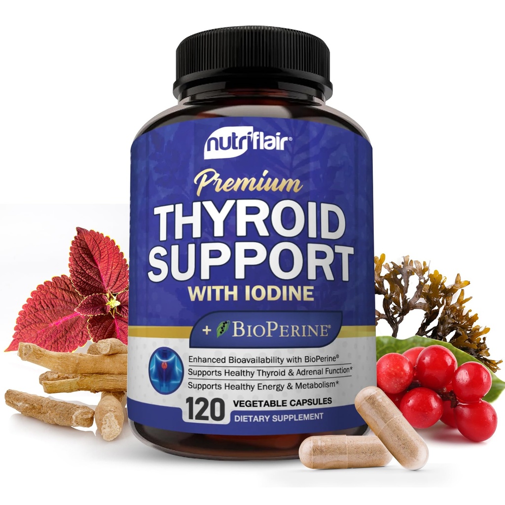 NutriFlair Thyroid Support Complex, 120 캡슐 - Iodine, Black Pepper, Ashwagandha, Vitamin B12 - 여성과 남성을위한 Thyroid 보충