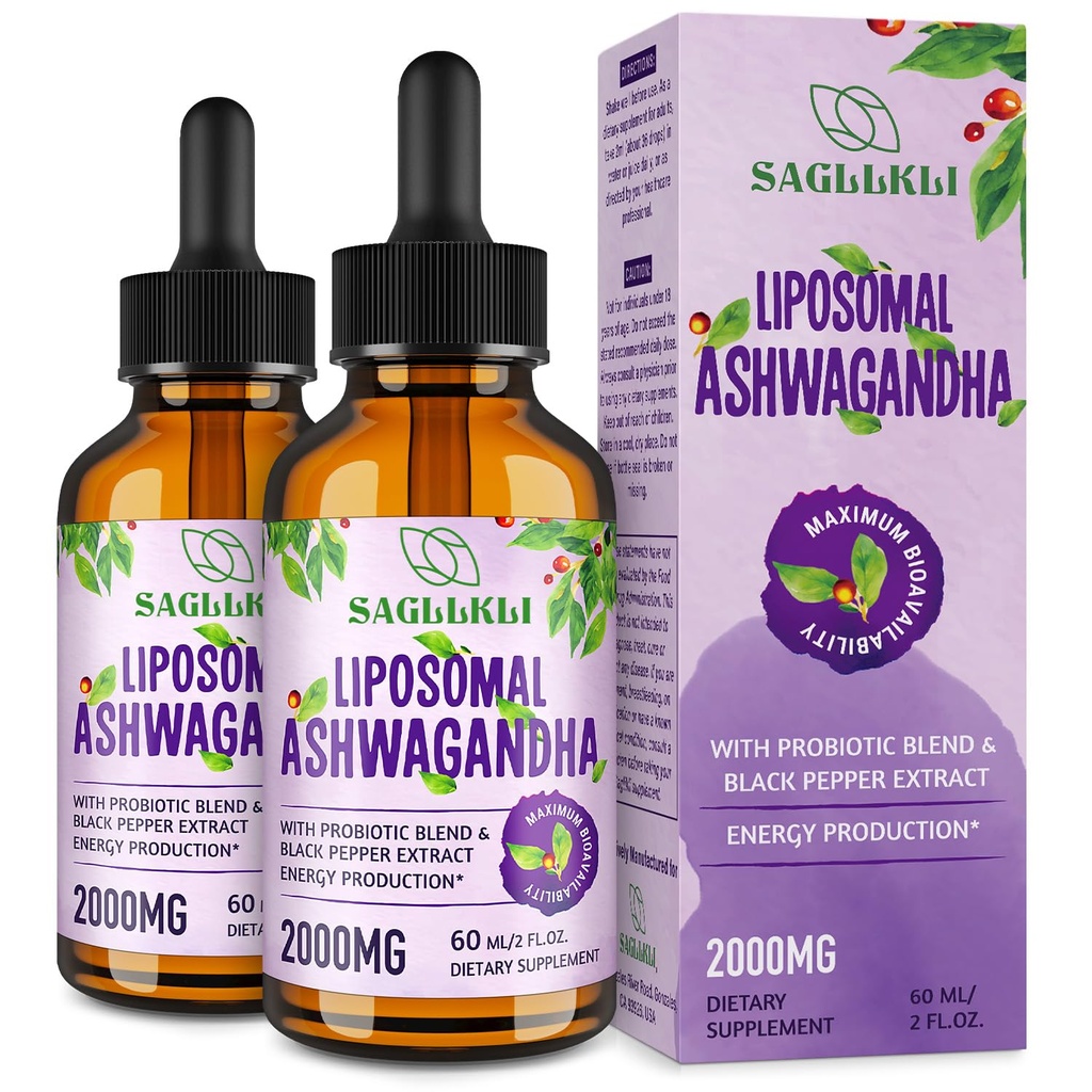 Liposomal Ashwagandha 액체 하락 2000mg의 Ashwagandha 뿌리 추출물 보충교재 (7% withanolides) 초점, Cognition & 에너지 - 4 FL.OZ (2 병)를 위한 까만 고추 추출물 & Probiotics로