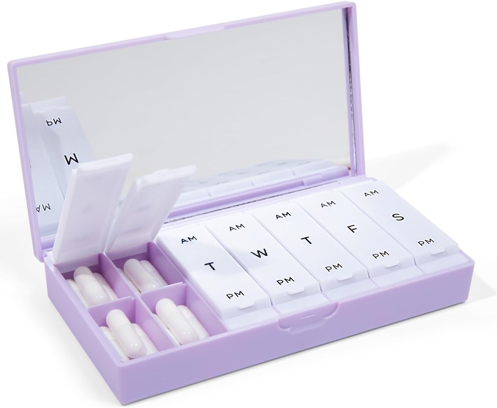 PORT X POLISH Designer Weekly Pill Box 주최자 (AM / PM 2X Daily, Lilac) | 컴팩트, 세련된 7 일 비타민 보충 케이스 | 귀여운 휴대용 미니 여행 의학 캐리어 | BPA-Free Pillbox Caddy