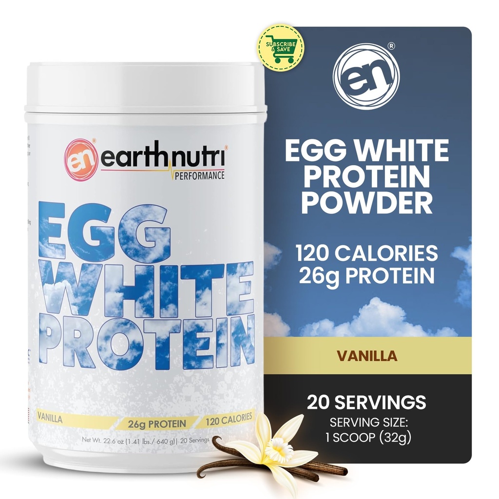 EarthNutri - 계란 흰 단백질 분말 보충 사전, Intra 또는 포스트 운동, 서빙 당 단백질 26g, 근육 강도 및 회복, 인공 첨가물 없음 - Vanilla 20 서빙 (640g)