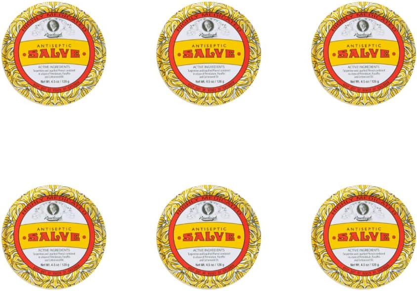 Rawleigh Antiseptic Salve Iconic Yellow Big Tin : 4.5 온스, 다목적 연고, Bruises, Irritations, Turpentine, Phenol, Cottonseed Oil & Paraffin, Original Formula - 6 팩