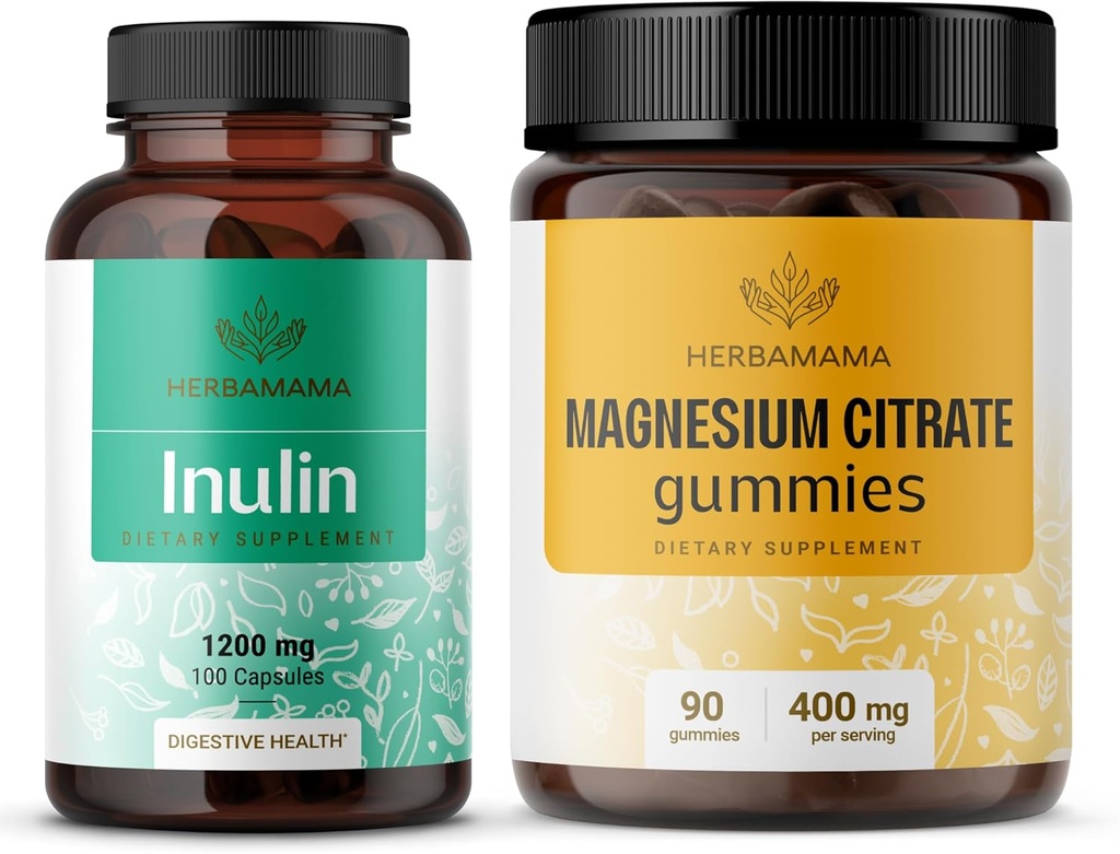 HERBAMAMA Inulin 및 마그네슘 키트 - 1200 mg Inulin 섬유 캡슐 및 400 mg 마그네슘 시트러스 Gummies의 번들 - Vegan, Non-GMO, Gelatinl-Free - 2 팩