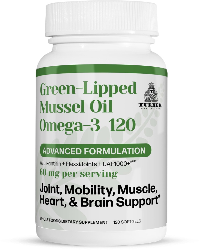 TURNER 뉴질랜드 녹색 Lipped Omega-3 Mussel 기름, 우량한 합동 안락 & Mobility를 위한 UAF1000+ 최고 산화를 억제하는를 가진 53x 고분자 힘, 물고기 Aftertaste 없음, 1개의 병, 120 Softgels