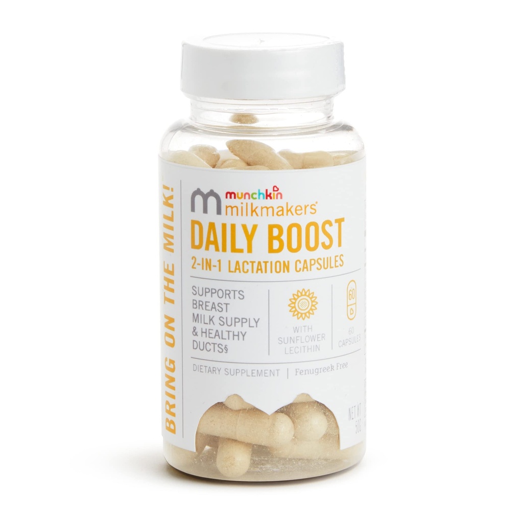 Munchkin® Milkmakers® Daily Boost 2-in-1 Lactation 보조 식품 Breastfeeding, Nursing & Pumping Moms - Fenugreek Free, 60 캡슐