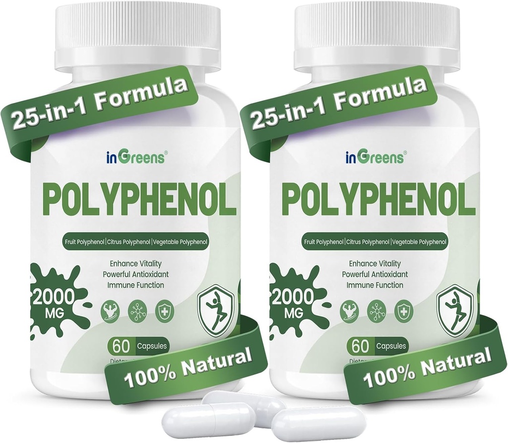 25에서 1 Polyphenols 보충교재, 2000MG 나이 방위, Polyphenol Superfood, Quercetin, Resveratrol, 식물 기초를 두어 & 에너지, 면역력 지원, 120의 캡슐을 위한 강력한 산화제 & 폴리페놀