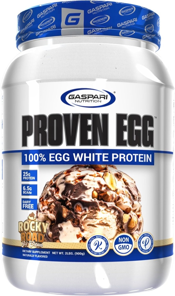 Gaspari Nutrition Proven Egg, 100 % 달걀 흰 단백질, 25g 단백질, Keto Friendly, Dairy 및 Lactose Free, Soy Free (2 파운드, Rocky Road)
