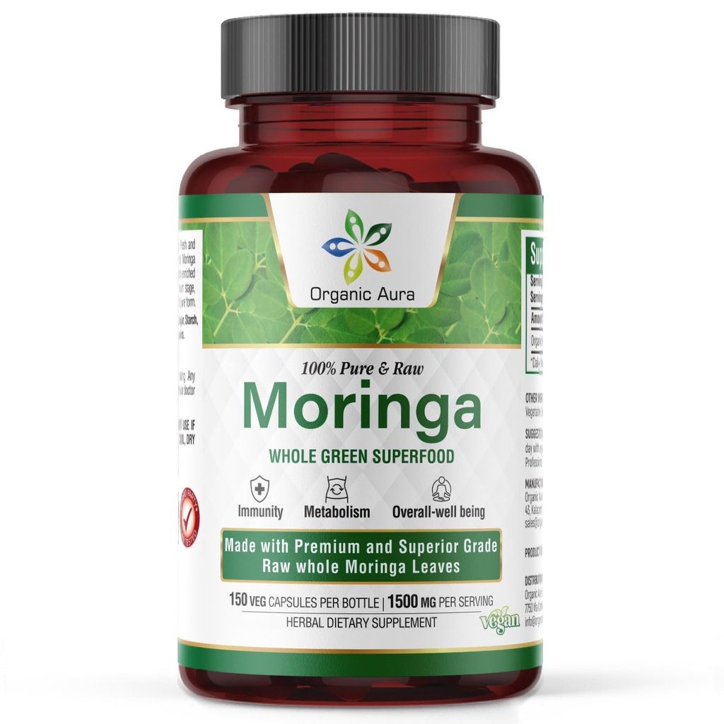 유기농 아우라 모링가 리프 캡슐 | 1500mg - 150 HPMC Veg | 전체 잎 녹색 슈퍼 푸드 영양 | 자연적으로 부스트 메타볼리즘, 에너지, 건강, 체력 | 100 % 순수 안전 모링가 | 비 GMO.