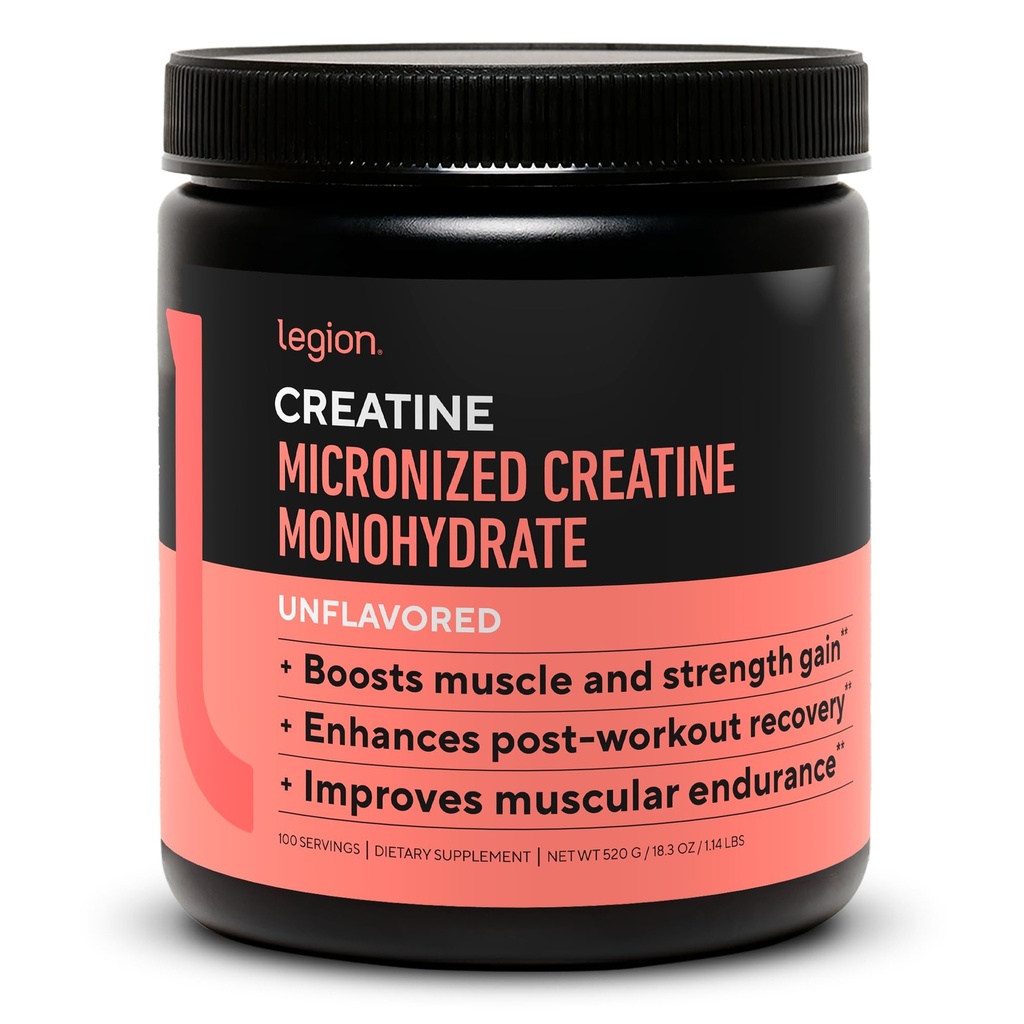 LEGION Micronized Creatine Monohydrate 보충교재 - 근육 이익 & 포스트 운동 회복을 위한 청결한 Creatine 분말 - 최대 흡수를 위한 Micronized Creatine 보충교재 (100의 서빙, Unflavored)