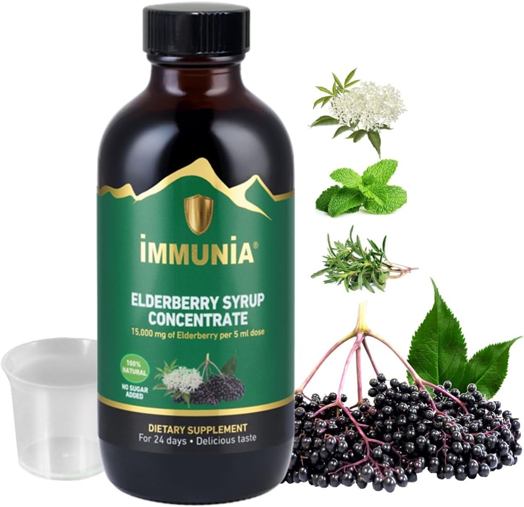 Immunia Elderberry Syrup은 면역 체계를 강화합니다. Elderberry Elderflower, Thyme 및 Peppermint와 농축. 설탕이 추가되었습니다. 맛있는 맛. 24 일 / 병. (1 팩)