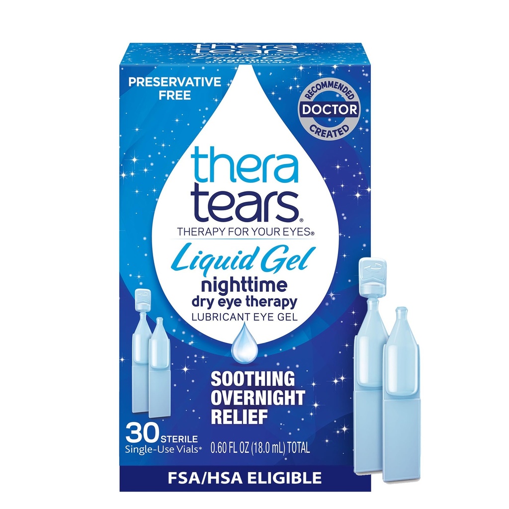 TheraTears 액체 젤 야간 윤활 Eye Drops for Dry Eyes, Single-Use Vials, 30 Count