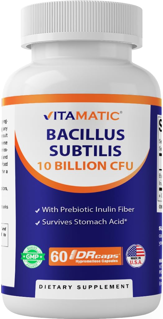 Vitamatic Bacillus Subtilis 10 억 DR 캡슐 - 60 개 - 소화, Gut & 면역 건강 지원 - Prebiotic Inulin 섬유로 제작