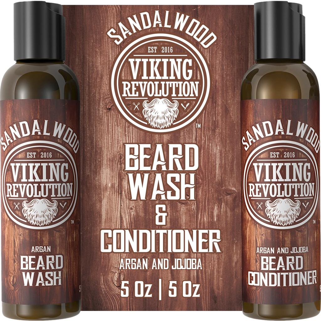 바이킹 혁명 Beard Wash & Beard 컨디셔너 세트 w/Argan & Jojoba 오일 - Softens & Strengthens - 천연 Beard 샴푸 w/Beard 오일 샌들우드 (5oz)