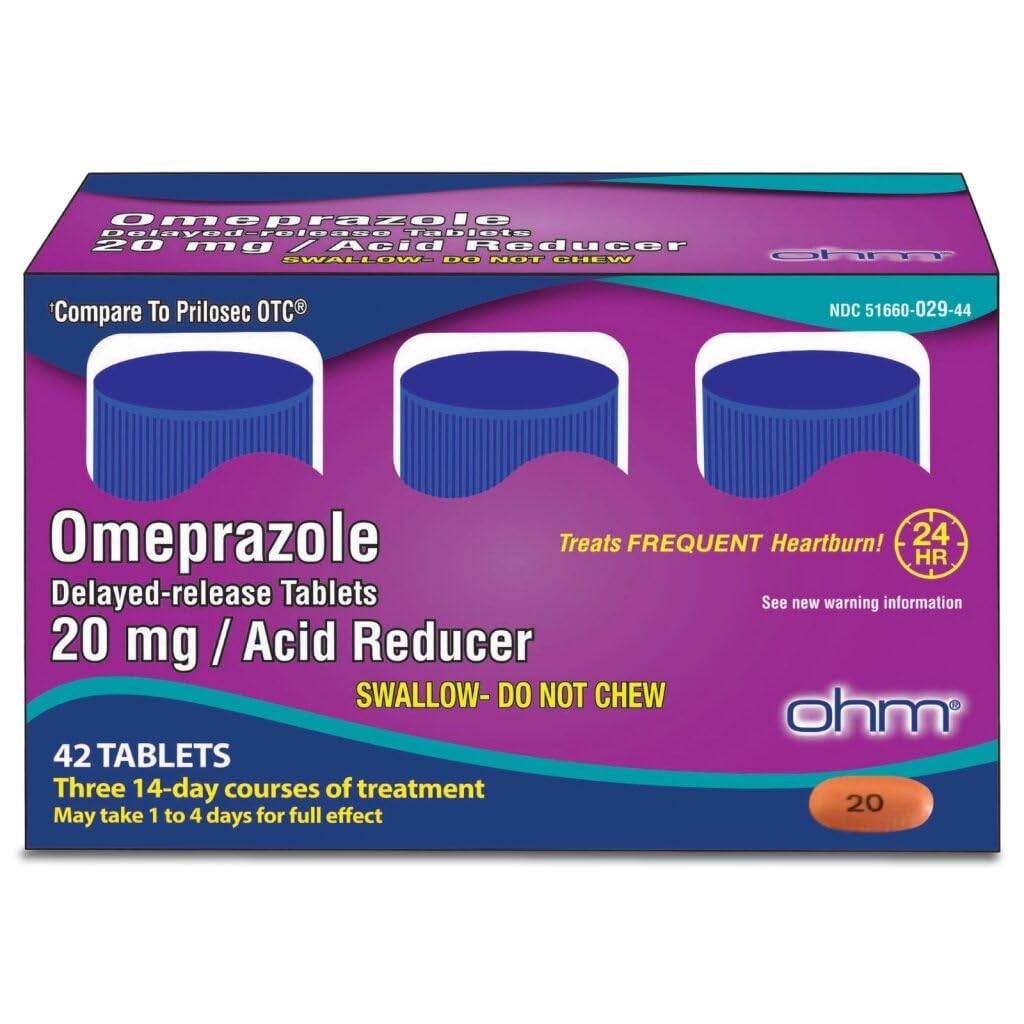 Ohm Omeprazole 20mg, 42 Delayed-Release Tablets, Frequent Heartburn, 24Hour Relief Heartburn Medicine, Stomach & Chest Discomfort (6 Weeks of Supply, 42, Count)의 산성 감속기