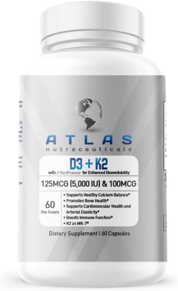Atlas Nutraceuticals-Vitamin D3 + K2- 비타민 D3 5000IU 플러스 K2, 1 포뮬러, MK7 비타민 K2, 60 캡슐, 면역 비타민 복합체