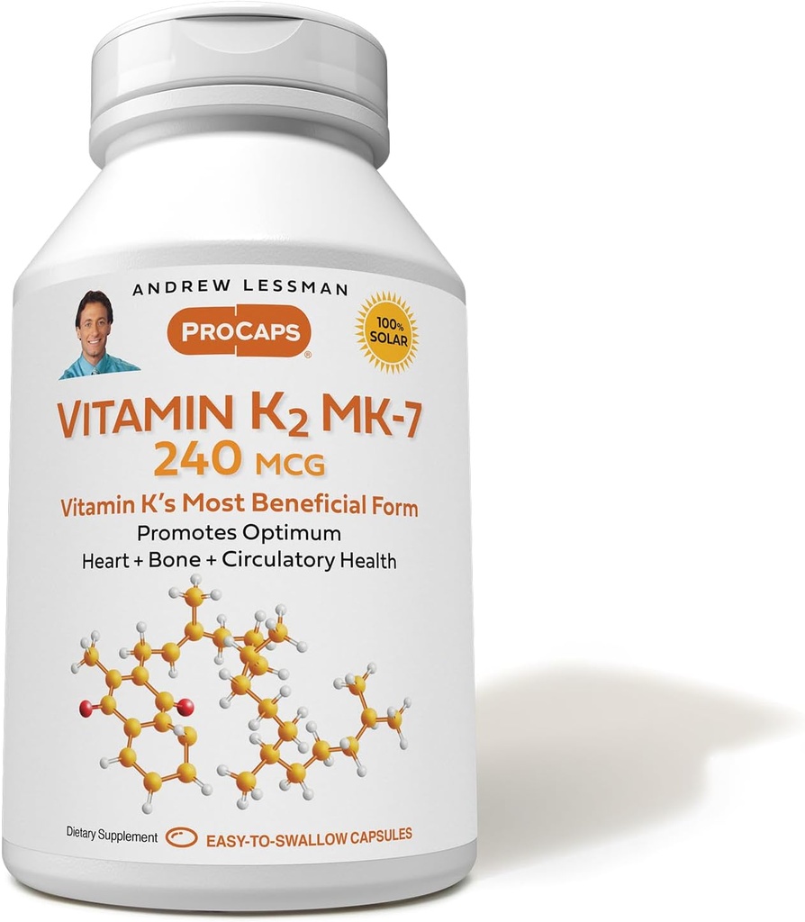 ANDREW LESSMAN 비타민 K2 MK7 240 mcg 60 Softgels - 건강한 칼슘 이용을 위해 필수, 최적 해골, 심장 및 동맥 건강을 승진시킵니다. 첨가물 없음. 작은 쉽게 삼키기 Softgels