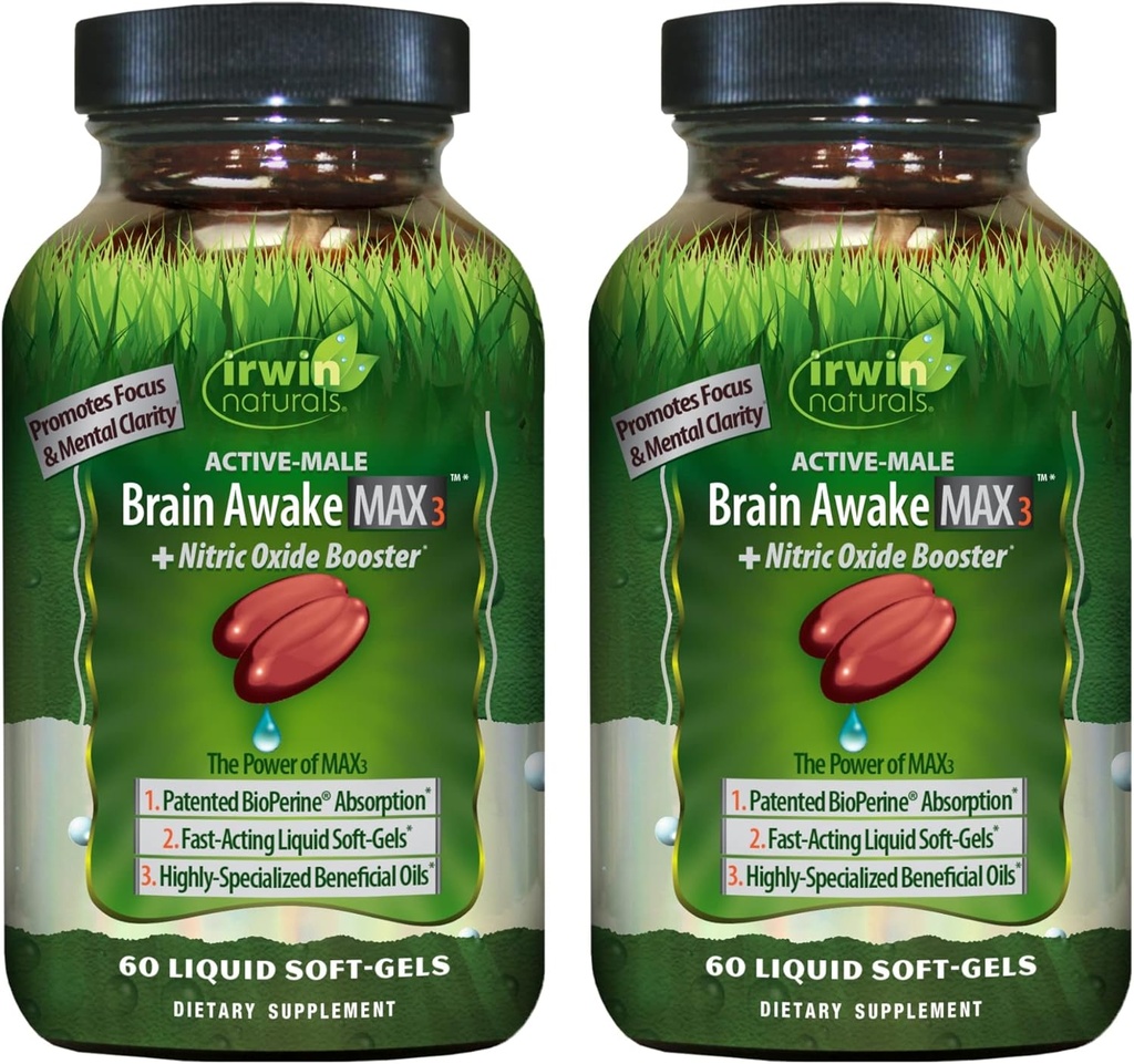 Irwin Naturals Brain Awake Max3 + Nitric Oxide Booster - 60 액체 소프트 젤, 2 팩 - 지원 뇌 건강 및 최적화 성능 - 40 총 서빙