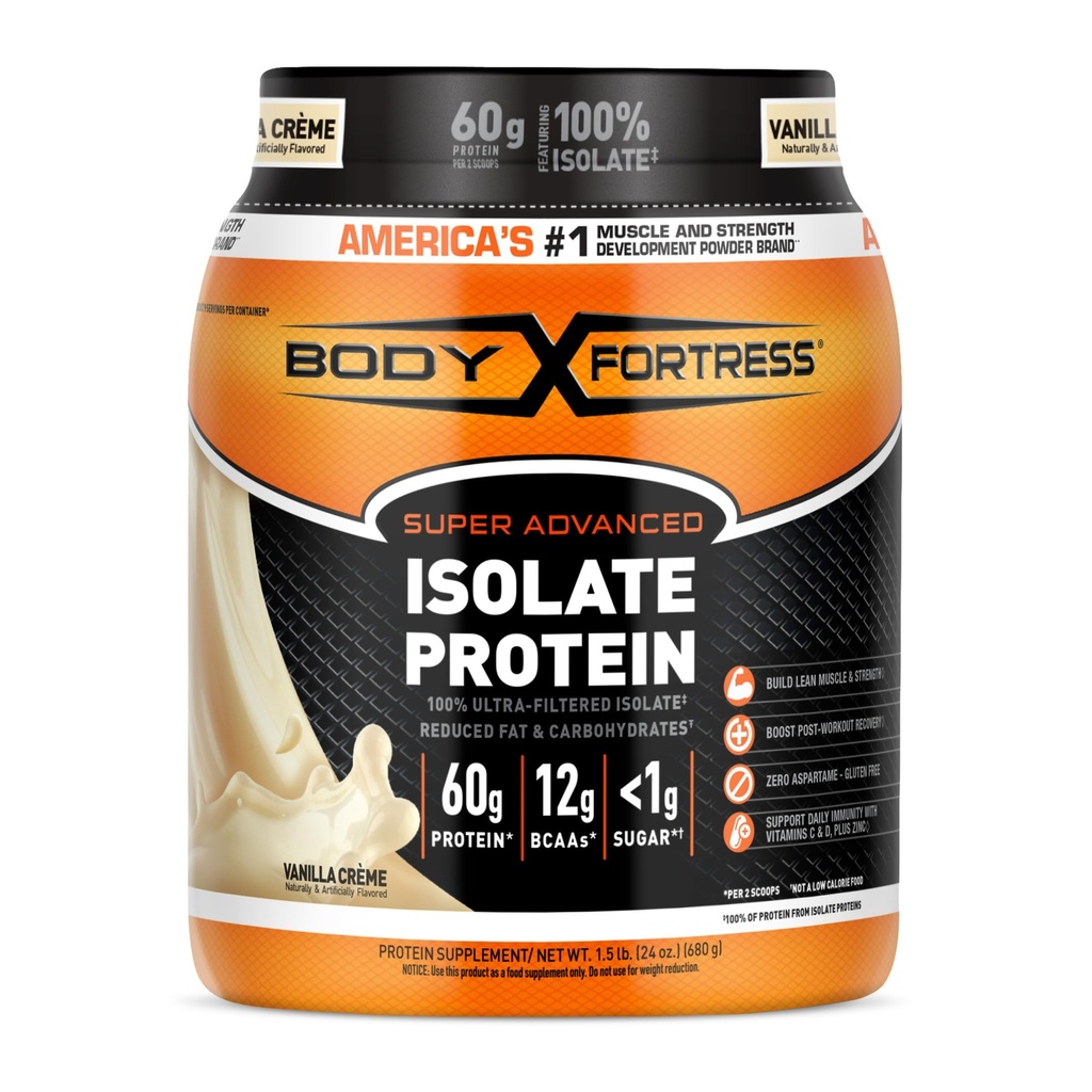 몸 요새 100 % 울트라 필터링 절연 단백질 분말, 바닐라, 60g 단백질 & 2 개 당 12g BCAA, 근육 이익 & 회복, 비타민 C 및 D, 1.5lbs, 포장 5 월의 면역 지원
