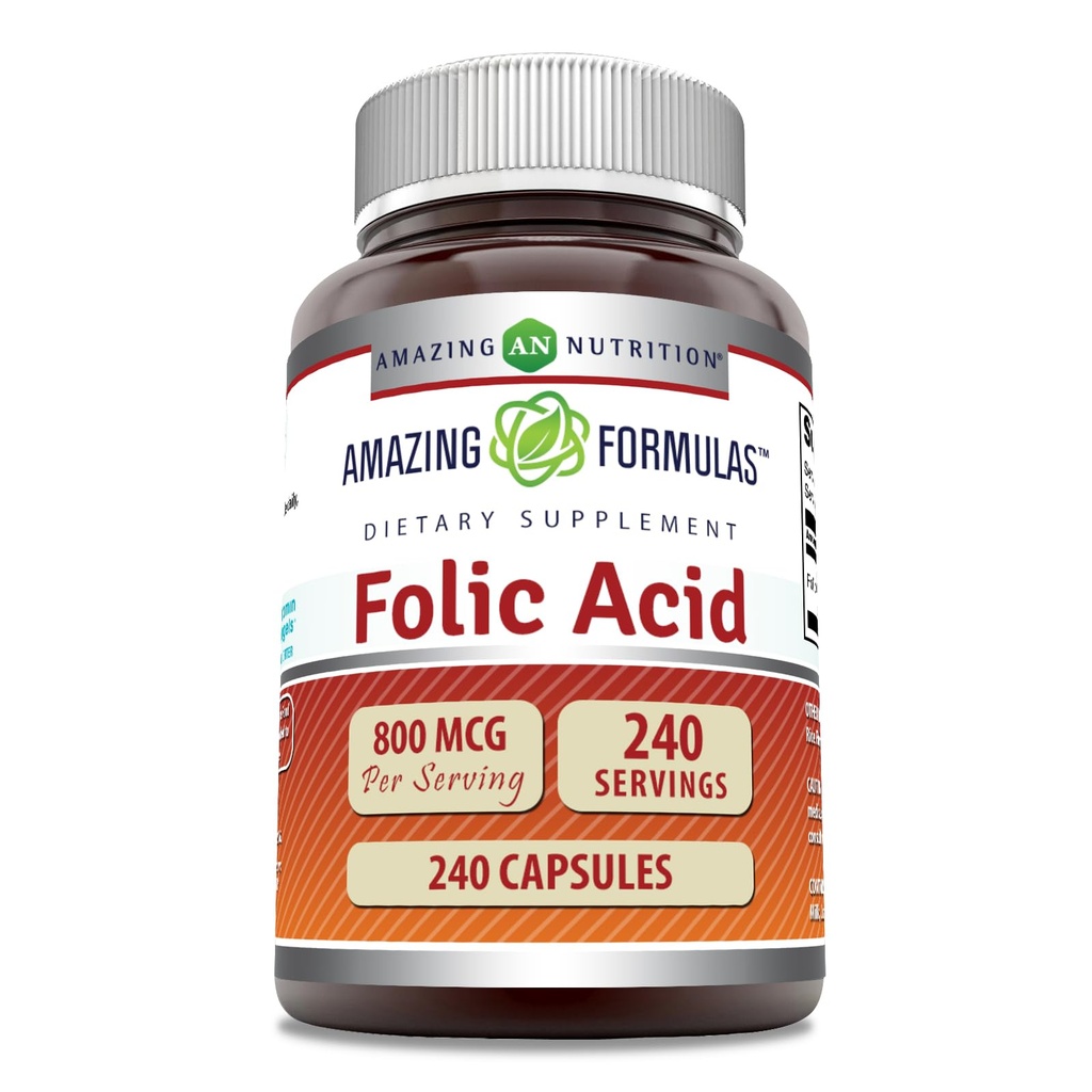 Amazing Formulas Folic Acid (비타민 B9) 800 Mcg Supplement | 캡슐 | Non-GMO | 글루텐 프리 | 미국에서 제작 (1 팩 | 240 개)