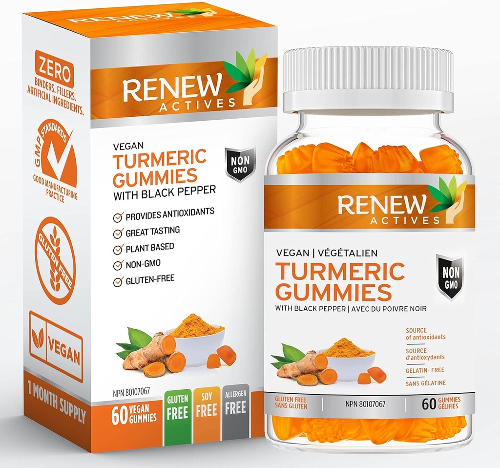 RENEW ACTIVES Vegan Turmeric 130MG per 2 Gummies with Black Pepper for Enhanced Absorption – 산화 방지제 지원 및 면역 건강 – 훌륭한 타스팅, 쉬운 에-Swallow 보충교재, 캐나다에서 만든 – 60 Gummies