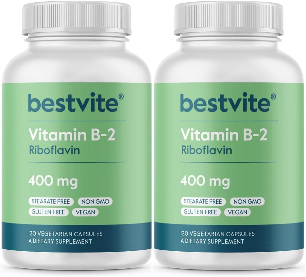 BESTVITE 비타민 B-2 (Riboflavin) 400mg (240 채식 캡슐) (120 x 2) - Stearates 없음 - Vegan - 비 GMO - 글루텐 무료