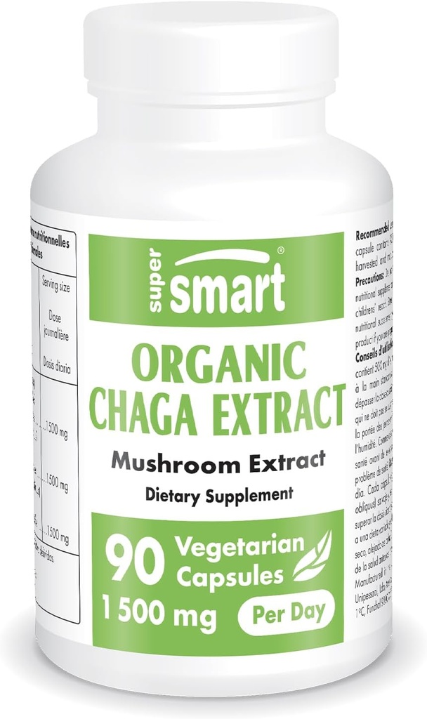 SuperSmart Organic Chaga Extract 1500mg per Day (고강도) - 야생 및 손 수확 Chaga 버섯 보충 | 비 GMO 및 글루텐 무료 - 90 채식 캡슐
