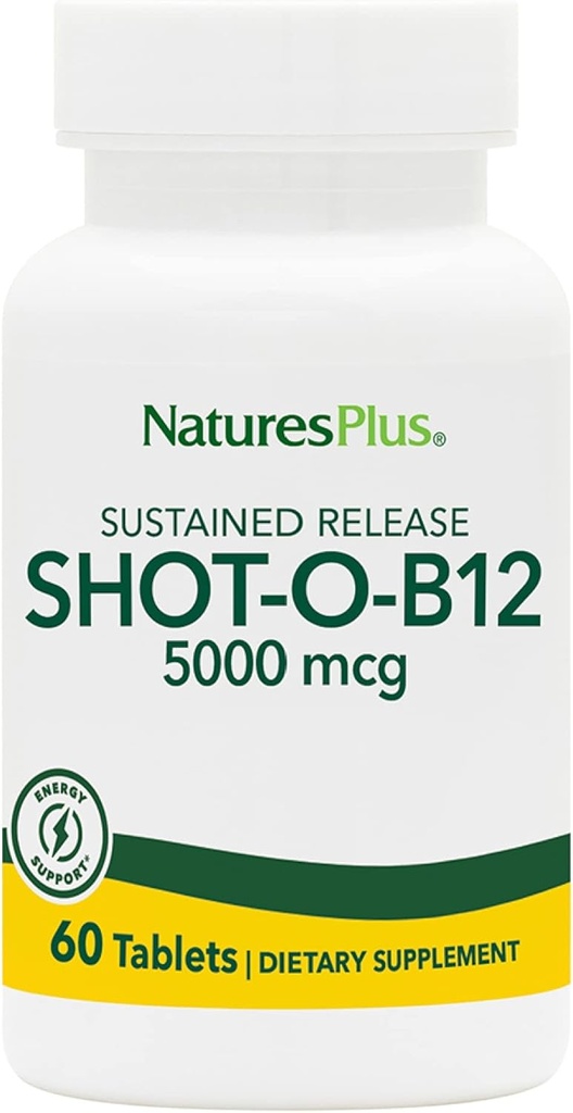 Natures Plus Shot-O-B12 (Methylcobalamin), 지속 릴리스 - 5000 mcg, 60 채식 정제 - 높은 효능, 빠른 행동 B12 보충 - 메모리 및 에너지 부스터 - 글루텐 - 무료 60 서빙