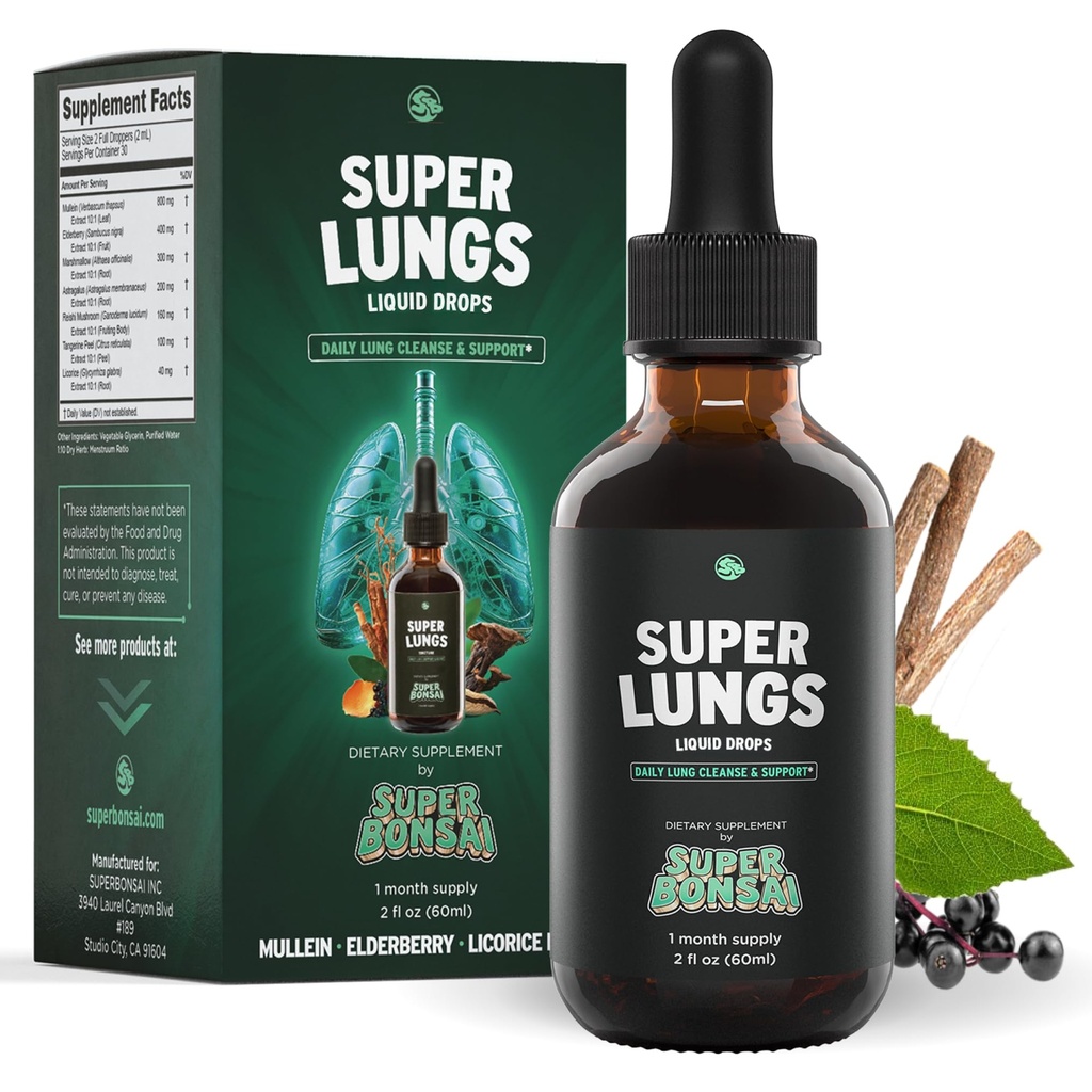 SuperBonsai Super Lungs Mullein Drops – Mullein Leaf Extract Elderberry Reishi Marshmallow Root와 초본 Lung Support Tincture – 명확한 호흡 및 웰빙 지원 – 2 oz