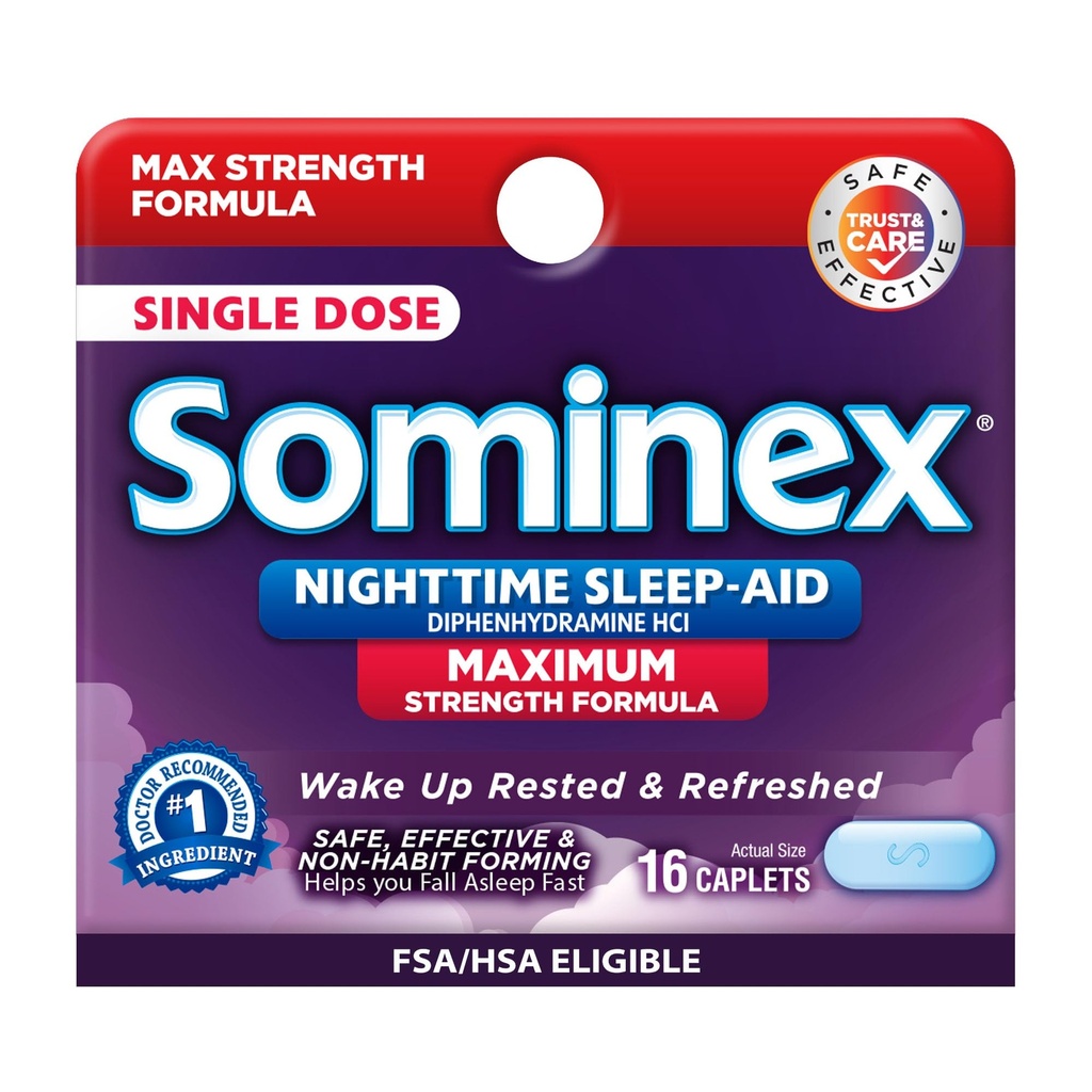 Sominex 야간 수면 보조 정제, 최대 힘 공식, 단일 복용량, 분류, 16 조사