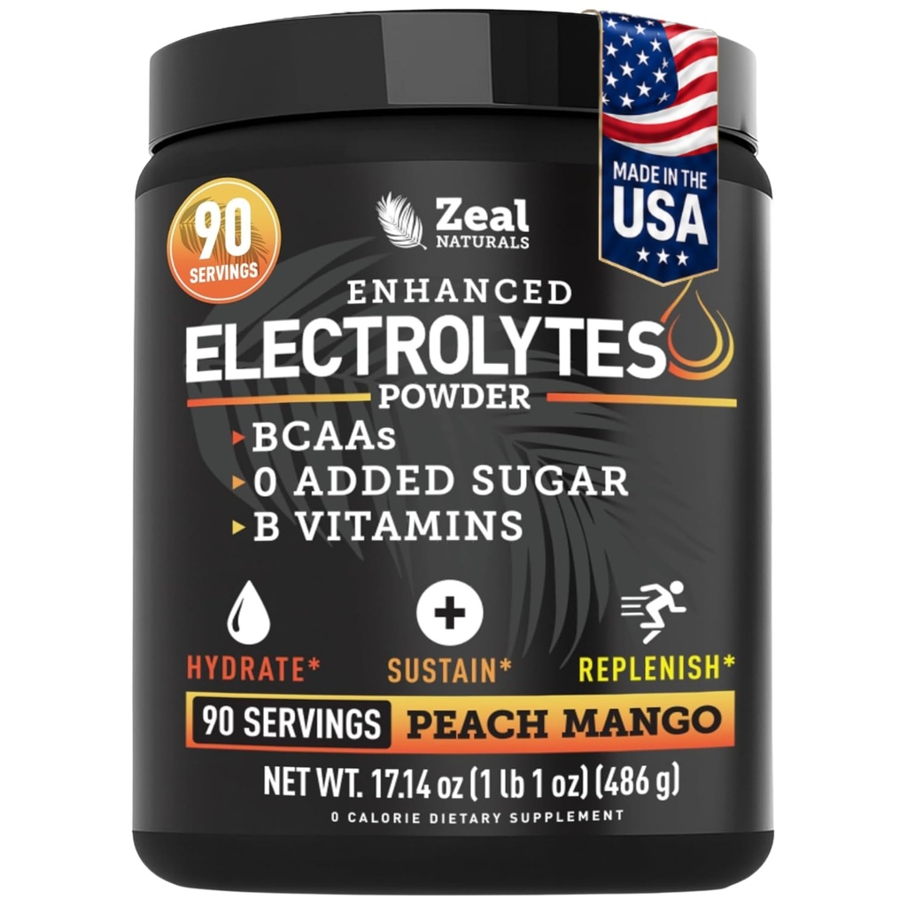Zeal Naturals Electrolyte Powder Recovery 음료 (90 인분 | 복숭아 망고) w 0 Sugar +BCAAs +B-Vitamins Electrolyte Supplement w Potassium 아연 및 마그네슘 - Keto Electrolytes