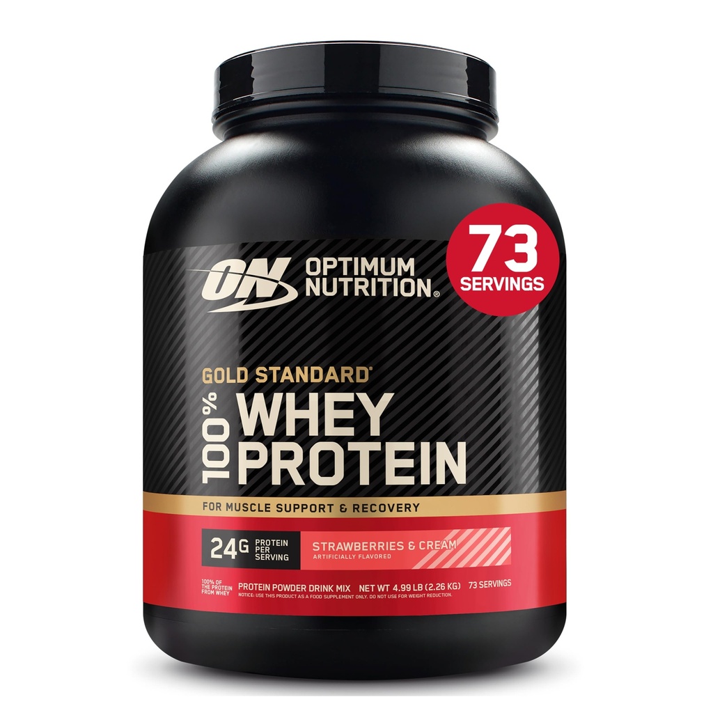 최적 영양 골드 표준 100 % Whey Protein Powder, 딸기 & 크림, 5 파운드 (패키지 May Vary)